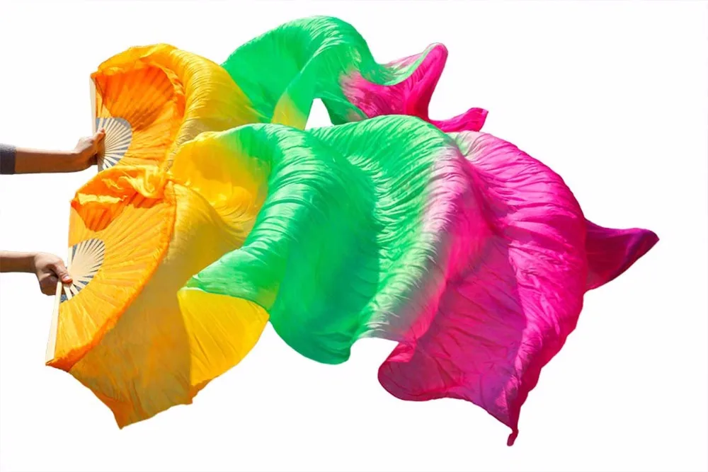 

High Quality 100% Silk 1 Pair Belly Dance Fans Dance Stage Performance Props Belly Dancing Silk Fans Orange+Green+Rose 180x90cm