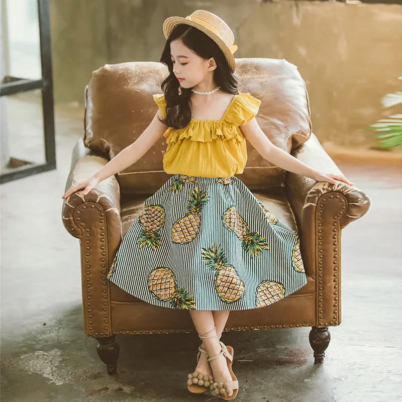 2019 Girls Summer Clothes Ruffle T-shirt Tops+Pineapple skirt 2 PCS Suit Kids Clothing 4 6 8 10 Years Princess Costume Set | Мать и