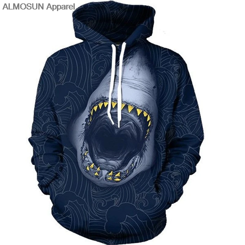 Толстовка ALMOSUN с капюшоном и карманами худи 3D принтом акулы темно синего цвета