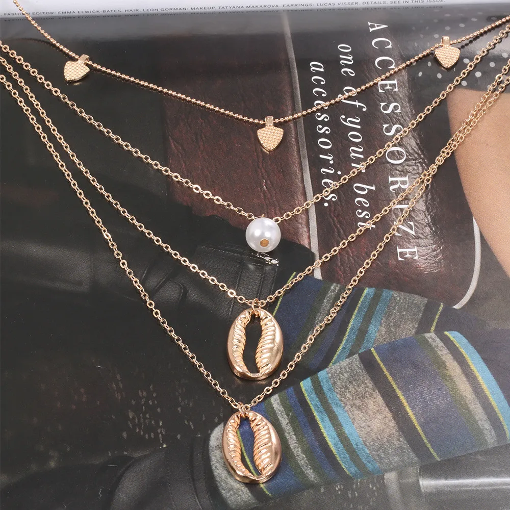 MLING Vintage Gold Multilayer Choker Necklace Bohemian Irregular Pearl Heart Shell Pendant For Women | Украшения и аксессуары