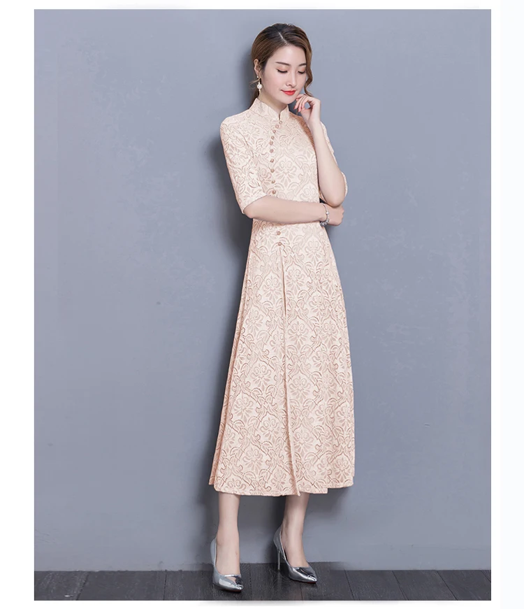 new vintage Lace Long dress women Summer Chinese Style A-Line dress Solid color Half sleeve Ankle-Length dress women