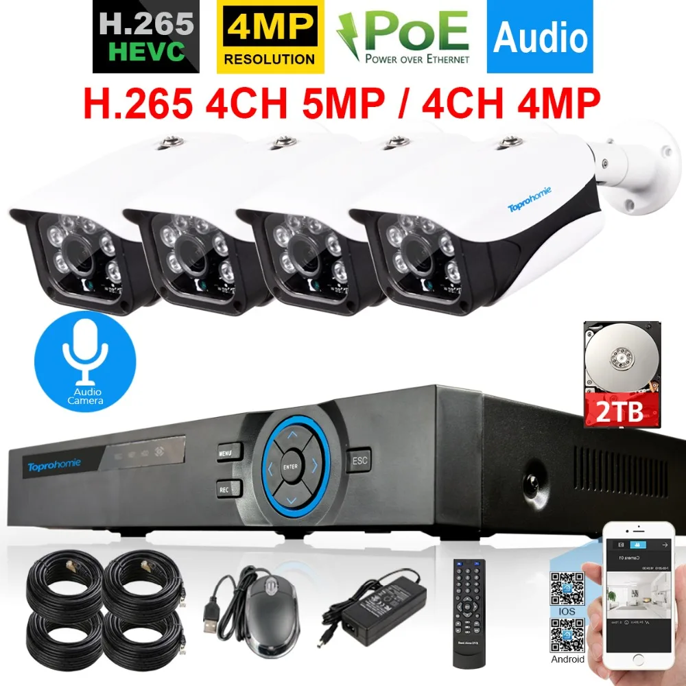 48 V H.265 4CH 5MP POE NVR CCTV Системы 4 шт. в партии 6 * массив 4MP безопасности наружного аудио