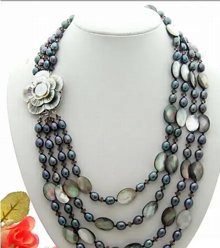 Красиво! 4 нити черный жемчуг и корпус кристалл ожерелье зажим с