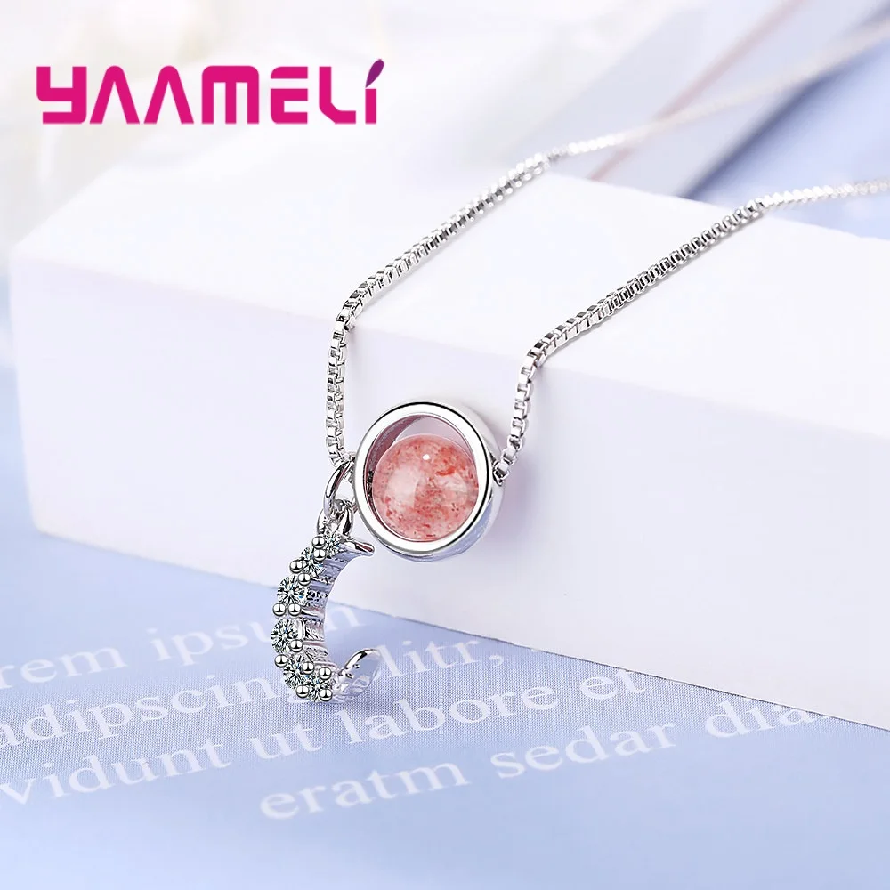 Прекрасный 925 пробы кулон с серебряной Луной и звездой розовая клубника