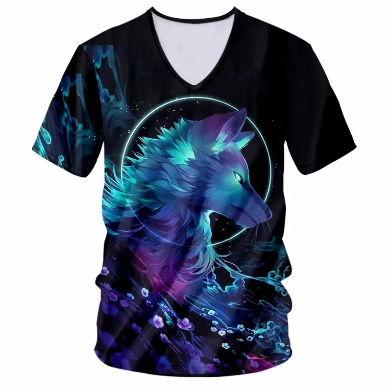 UJWI V Neck T Shirt Black Summer Tops Men 3d Print Galaxy Space Wolf T-shirt Man Bodybuilding Fitness Short Sleeve Tee Shirts | Мужская