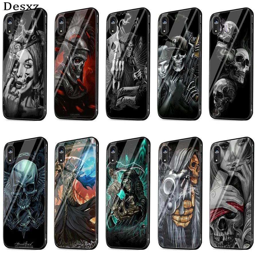 Desxz Grim Reaper Череп Скелет Роскошный чехол стекло для iPhone 5 5S SE 6 6s 7 8 Plus X XS Max XR Защитная крышка