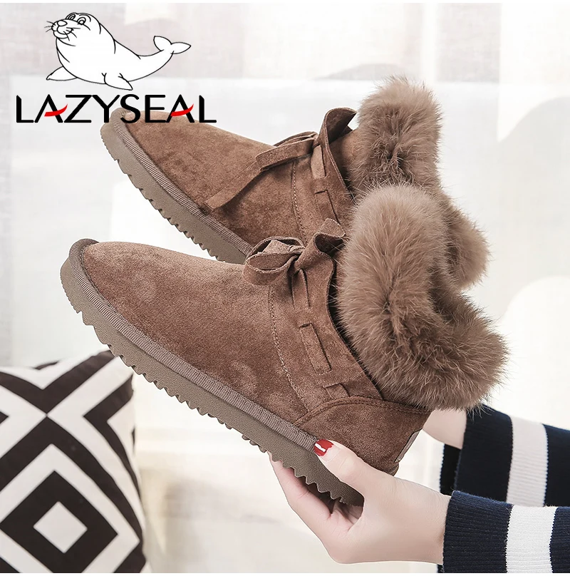 LazySeal обувь года; женские замшевые зимние ботинки с натуральным кроличьим мехом; женские Теплые ботильоны на платформе с плюшевой подкладкой со складками