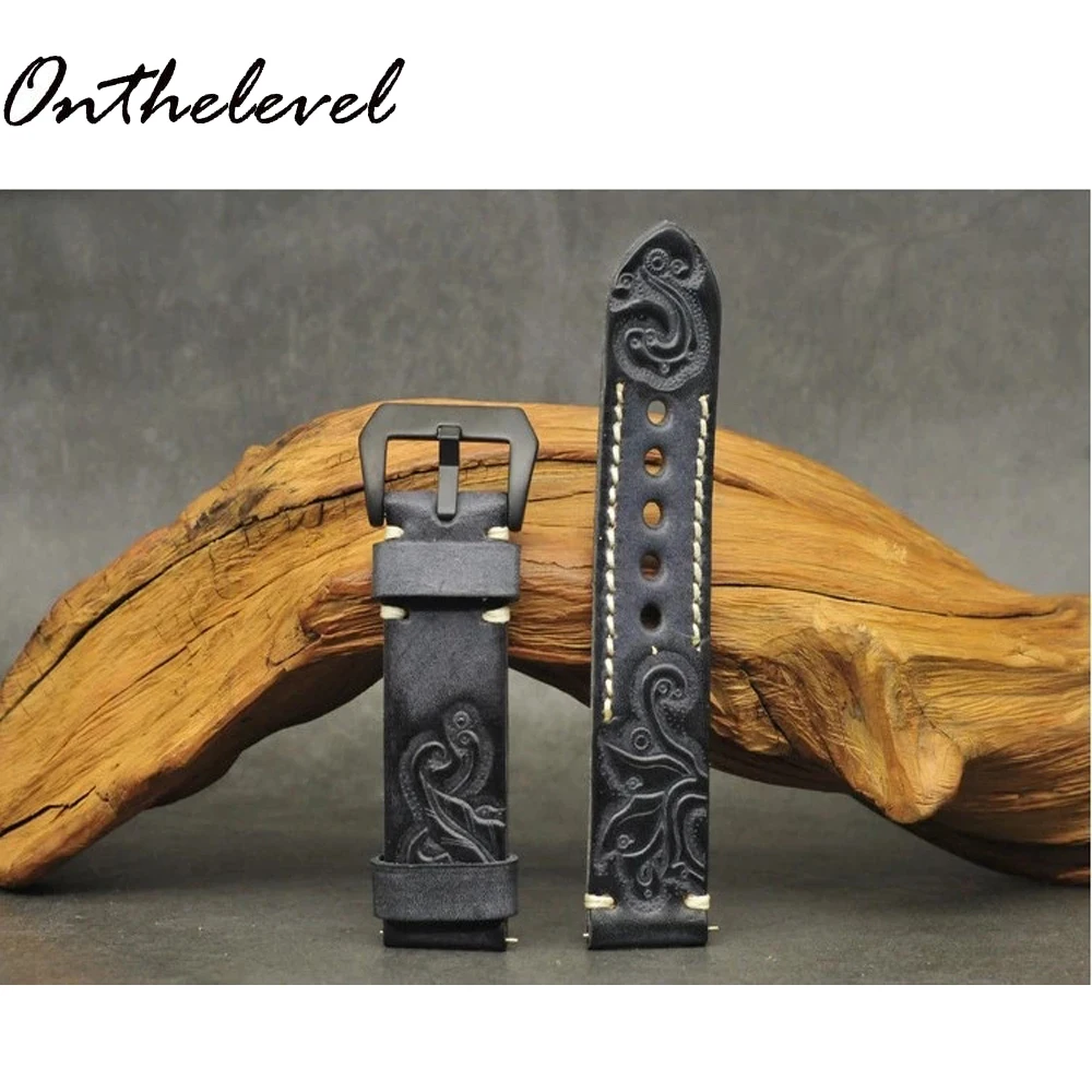 Onethelevel Genuine Leather Watchband 20mm 22mm 24mm Carved Watch Band Strap for Panerai Belt Stainless Steel Black Buckle
