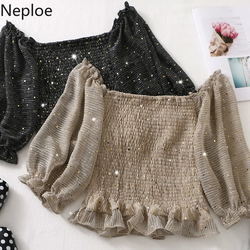 Neploe Sequined Women Tops Summer 2019 Fashion Slash Neck Lantern Sleeve Blouse Slim Waist Ruffles Ladies Blusa 44158 |