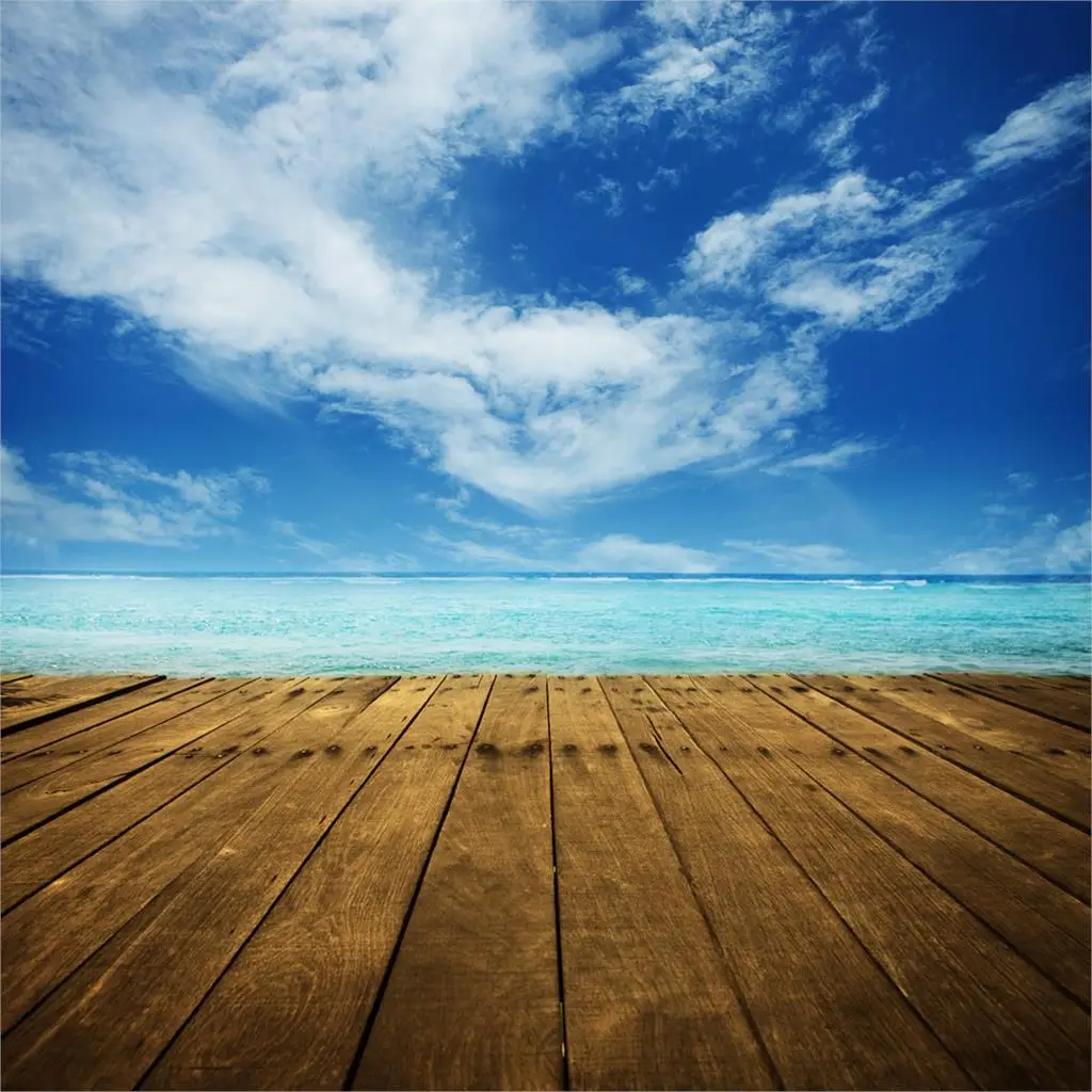 Фон Funnytree для фотостудии с изображением морского неба облаков деревянного пола