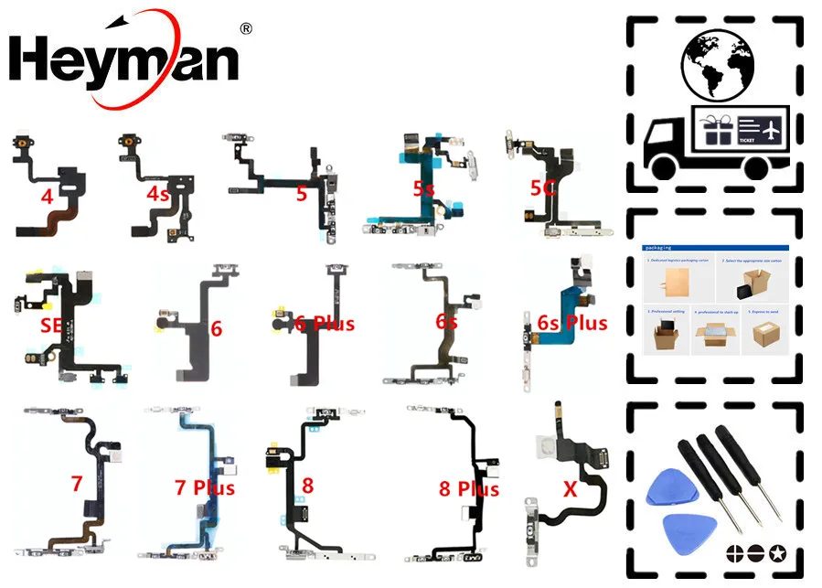 Гибкий кабель Heyman для Apple iPhone 4S/5/5S/5C/SE/6G/6plus/6splus/7G/Plus/8/X Кнопка регулировки громкости источник энергии переключатель микрофона