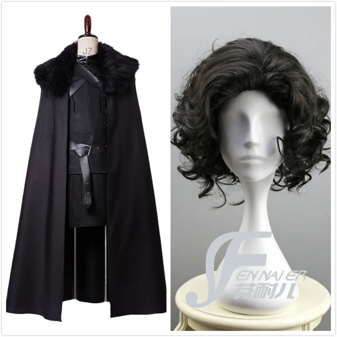 costume and wig Костюм Йона Сноу с плащом, Песнь Льда и Огня, Игра престолов, косплей, Хэллоуин, Рождество, Год, карнавальный костюм для мужчин - Цвет: costume and wig