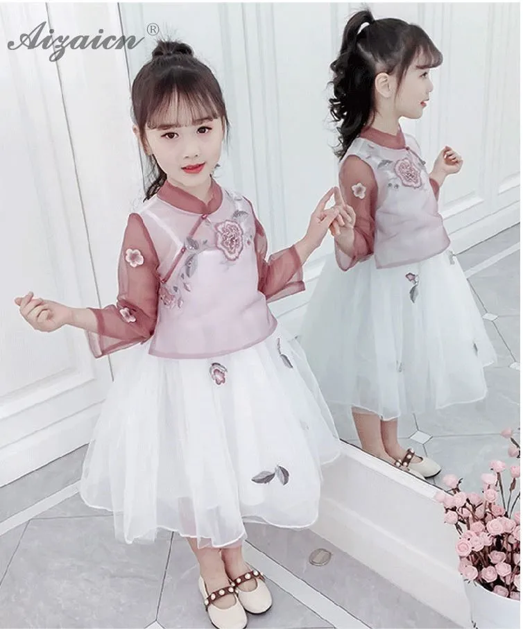 Темно-зеленые детские платья Cheongsam в ориентельском стиле из двух предметов детское традиционное китайское платье Qipao юбка принцессы из пряжи