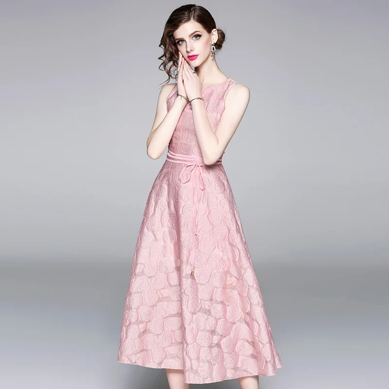 2018 летнее женское розовое жаккардовое платье без рукавов roes Vestidos длинное на