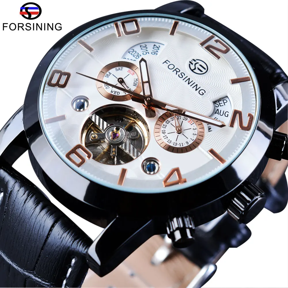 White Forsining Tourbillion, черные, золотые, волнистые, с циферблатом, модные, повседневные, дизайнерские, мужские часы, Лидирующий бренд, механические, автоматические наручные часы для мужчин - Цвет: White