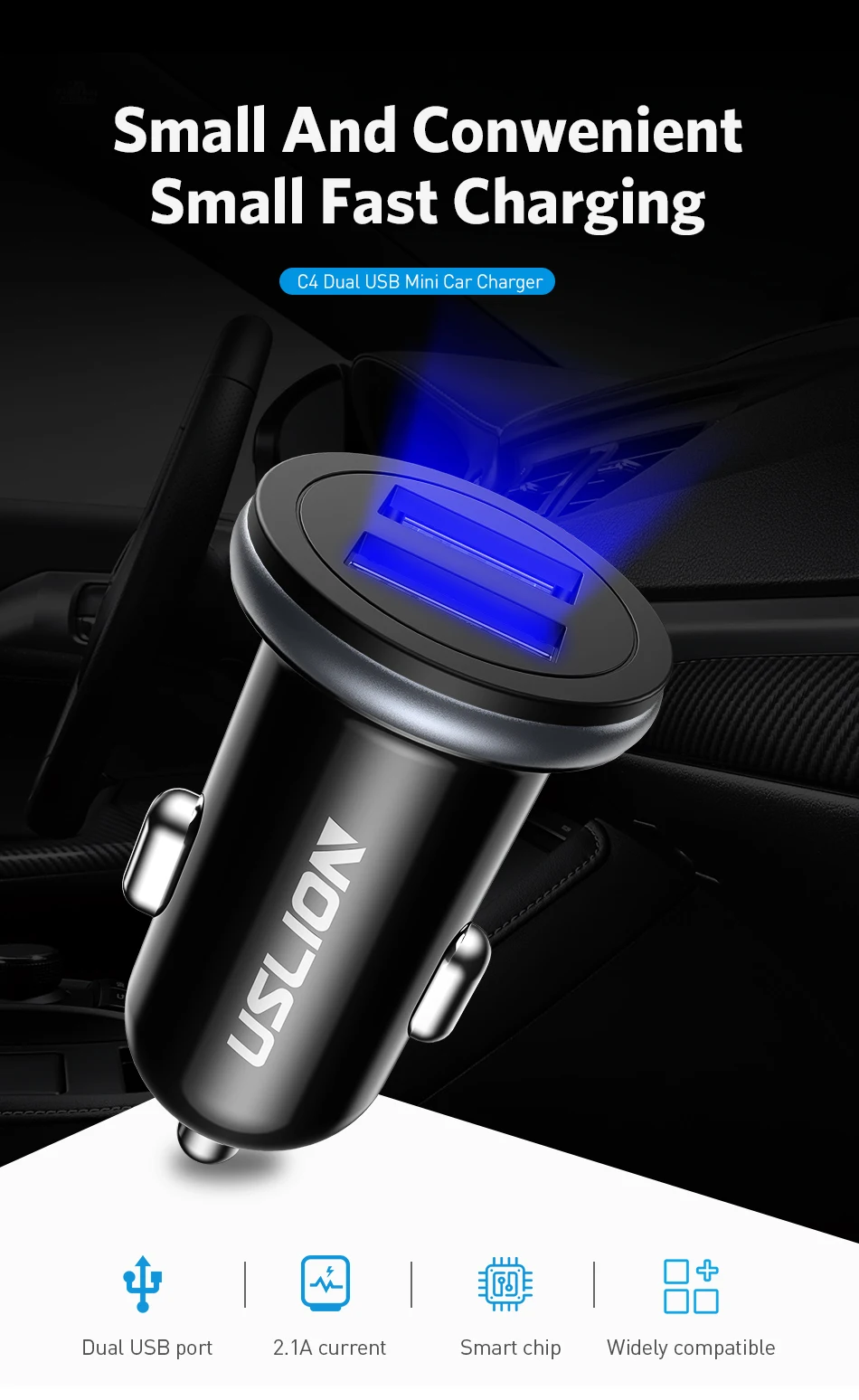 USLION Mini Dual USB Автомобильное зарядное устройство для телефона 5 в 2,1 а, зарядное устройство для мобильного телефона для iPhone, быстрое USB зарядное устройство, адаптер для автомобиля для планшетов