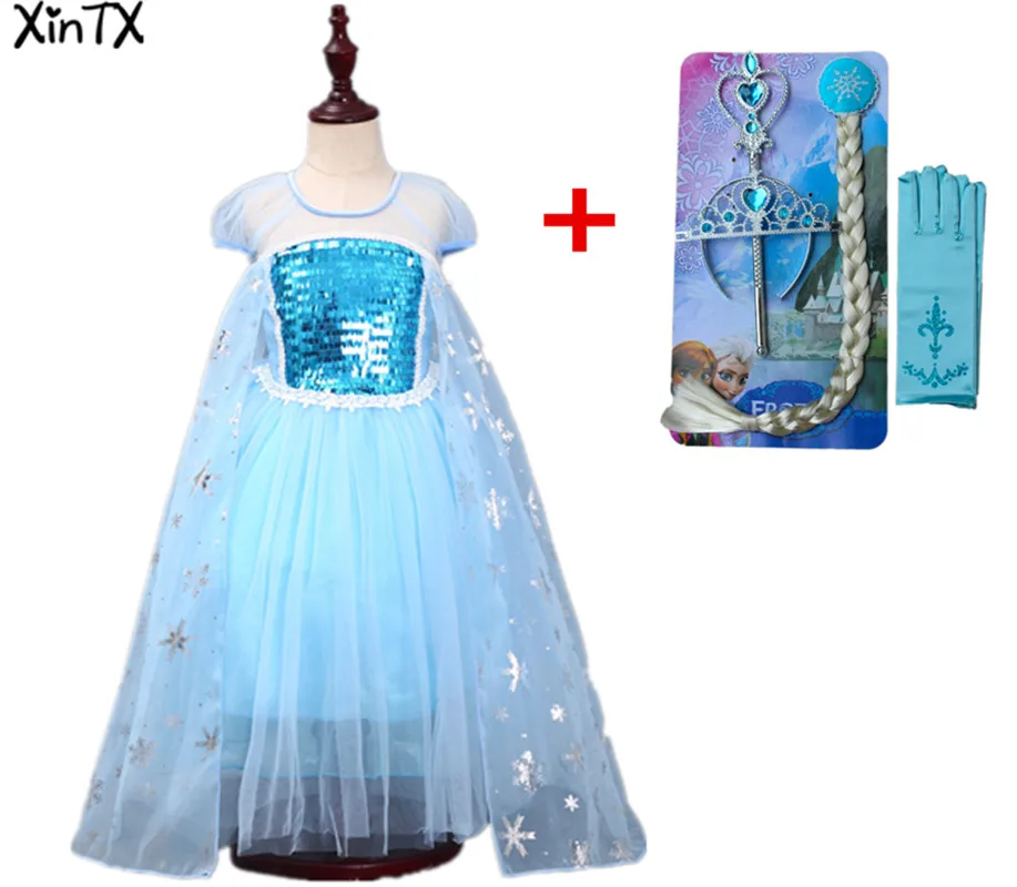 Dress wig set Новинка года; костюм Эльзы для девочек; платье для костюмированной вечеринки с париком; корона; волшебная палочка; парик для детей; детское платье принцессы Эльзы; вечерние платья - Цвет: Dress wig set