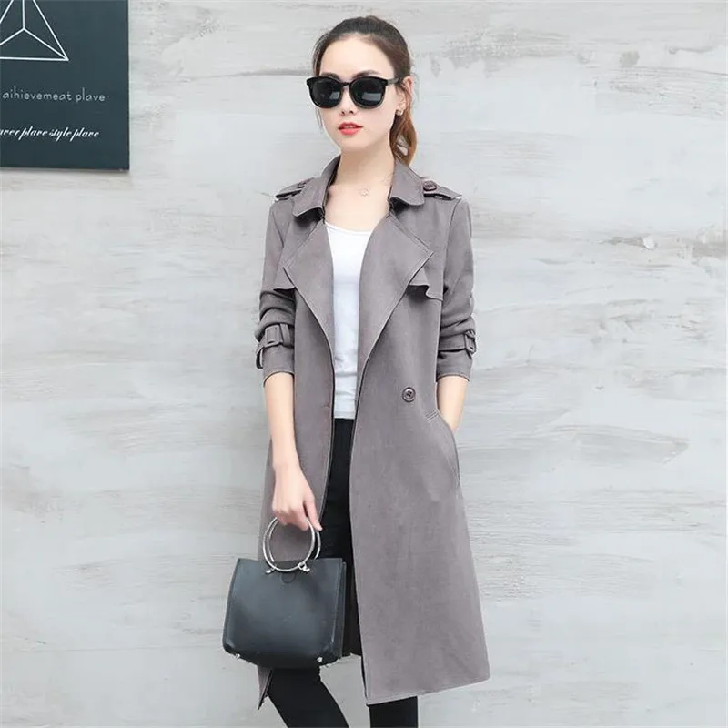 Женский замшевый Тренч Длинная Элегантная верхняя одежда тонкий кардиган весна