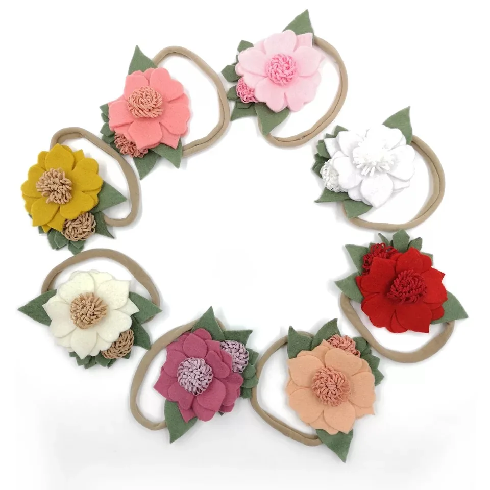 

24pcs/lot Newborn Felt Flower Nylon Headband With Green Leaf Nylon Headband Children Kids Lace rose Flower Headbands Headwear