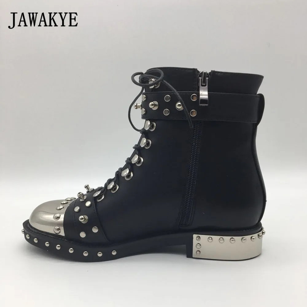 JAWAKYE/мотоботы с заклепками женские кожаные ботильоны пряжкой и шипами зимние
