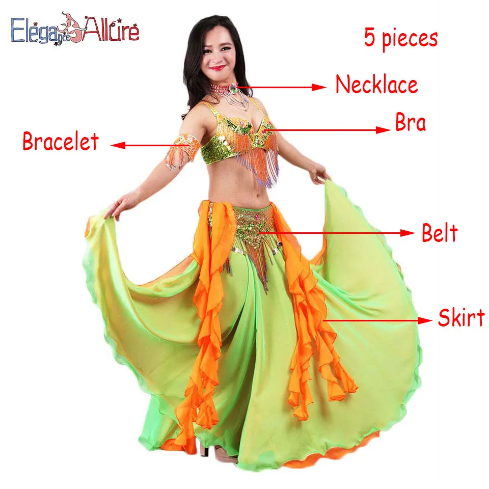 Green 5pcs E& A, 5 шт., набор для танца живота, модный костюм для танца живота, женский бюстгальтер, пояс, юбка, наборы, длинное платье, ожерелье, браслет, одежда для выступлений - Цвет: Green 5pcs