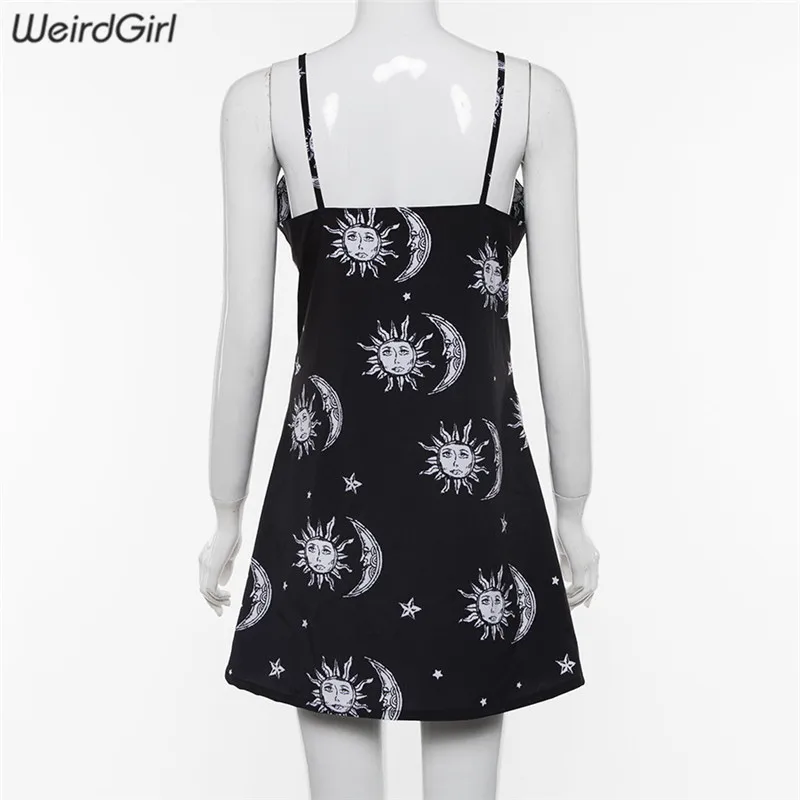 Weirdgirl, женские платья, свободные, v-образный вырез, без рукавов, мини платье, черное, солнце, луна, звезда, принт, элегантное, женское, весна, лето, платье, новинка