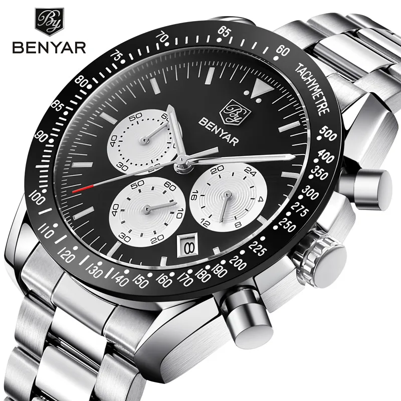 2020 New Watches Men Luxury Brand BENYAR Chronograph Commerce Watches Waterproof Full Steel Quartz Men's Watch Relogio Masculio