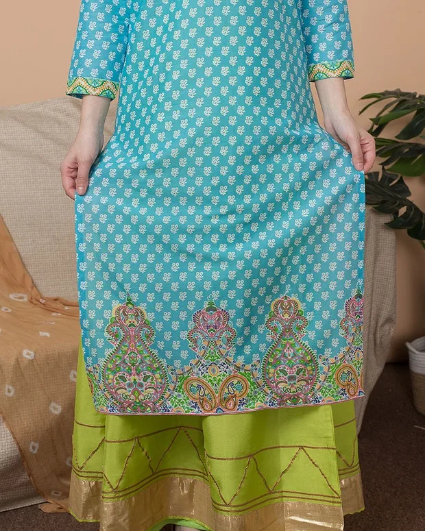 

New India Fashion Woman Ethnic Styles Set Cotton India Kurtas Thin Costume Elegent Lady Blue Long Top+Skirt+Scarf