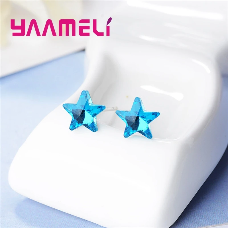 Simple Design Blue Star Shape Stud Earrings For Women Females 925 Sterling Silver Needles Fashion Casual Party Wedding Present | Украшения