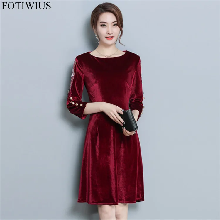 wine red Осенне-зимнее красное черное бархатное женское платье больших размеров винтажное бархатное платье с цветочной вышивкой с рукавами Robe Femme Ete - Цвет: wine red