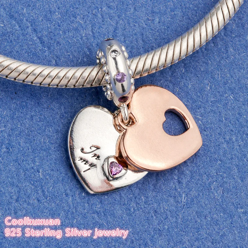 Mother Day 925 Sterling Silver Part Of My Heart Dangle Charm, Rose Soft Pink & Lilac Crystals & Clear CZ Fit Pandora Bracelet