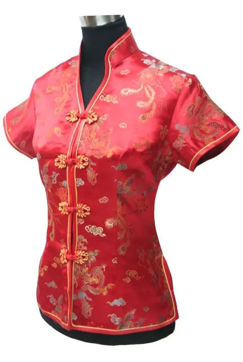 Summer Stylish Navy Blue Chinese Women Blouse Traditional Silk Satin Shirt Tops V-Neck Clothing Size S M L XL XXL XXXL WS002