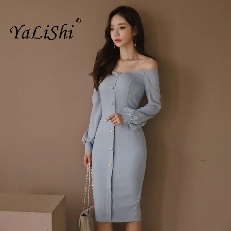 

Plus Size Pencil Dress 2018 Autumn Women Blue Puff Sleeve Slash Neck Knee-length Button Casual Party Dress Elegant Club Dresses