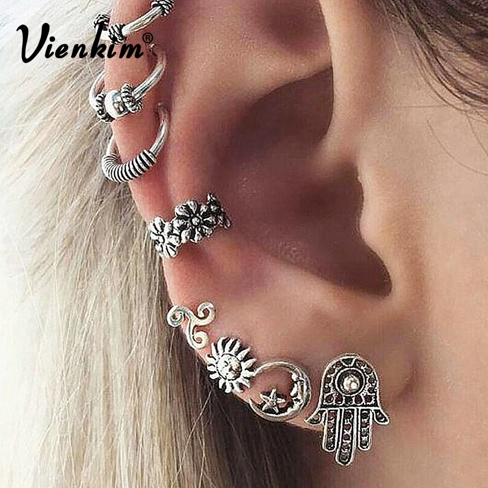

Vienkim 8 Pcs/ Set Ethnic Jewelry Vintage Sculpture Flower Ear Clip Bohemian Sun Moon Stars Earrings For Women Earring Jewlery