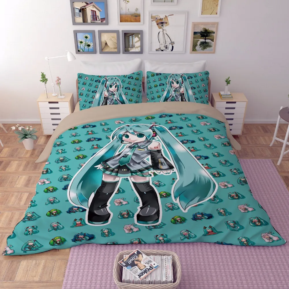 Японское аниме яркий 3D Hatsune Miku постельное белье Простыня принт мультяшный пододеяльник Мягкая Наволочка Твин Полный Королева Король Размер
