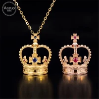 aazuo genuin18k yellow gold natrual blue sapphire micro paved crown pendent necklace gifted for women engagement wedding au750