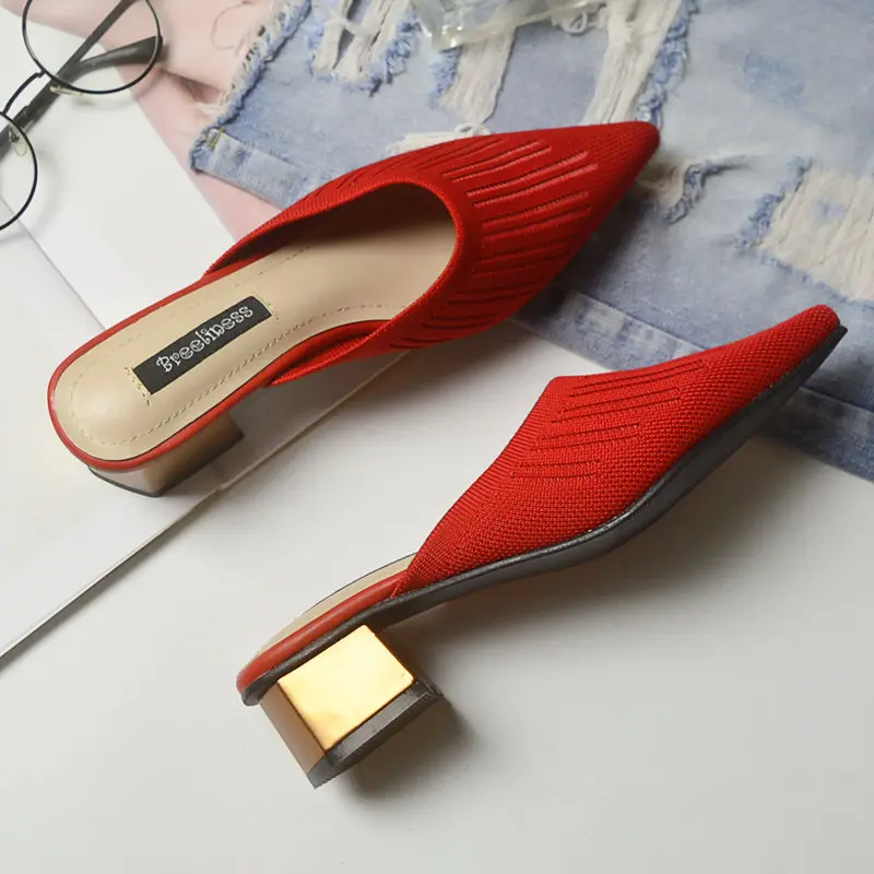Pointed slippers ladies Hand knitting square head breathable sandals and slippers rubber slippers for women shoes With high 4CM