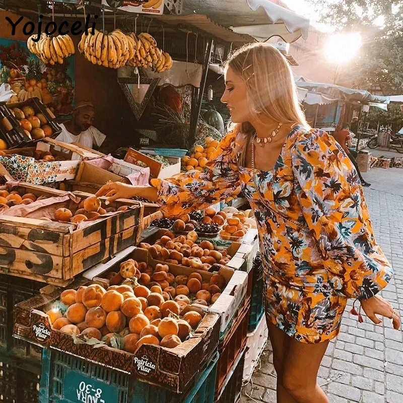 Женское платье Yojoceli уличное мини-платье с рукавами-фонариками и принтом 2019 |