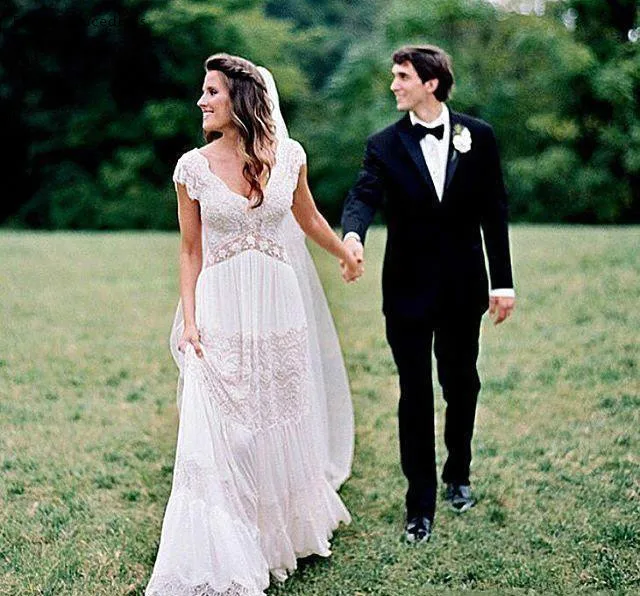 PICTURE COLOR Романтические кружевные свадебные платья скромные летние Boho Длинные с v-образным вырезом с открытой спиной деревенские садовые Свадебные платья больших размеров - Цвет: PICTURE COLOR