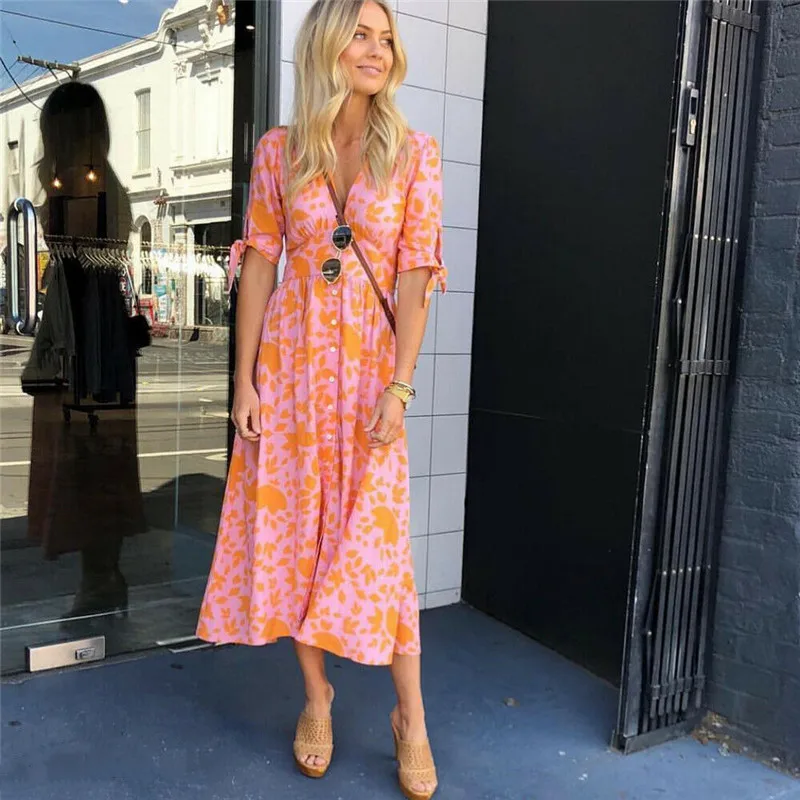 Yellow Sexy Print Womens Dresses V Neck Maxi Boho Floral Summer Beach Long Dress Evening Party Sun Femme | Женская одежда