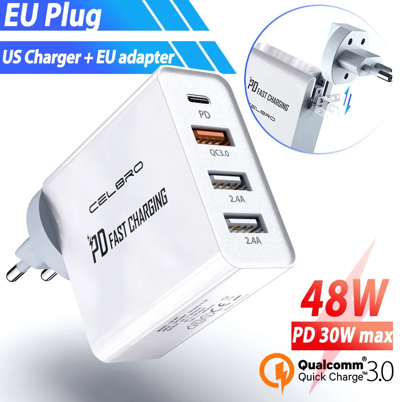 4 Port EU Charger 48 Вт быстрое зарядное устройство PD type C USB зарядное устройство для iPhone 11 pro max samsung Xiaomi QC 3,0 быстрое зарядное устройство для планшетов для iPad MacBook - Тип штекера: 4 Port EU Charger