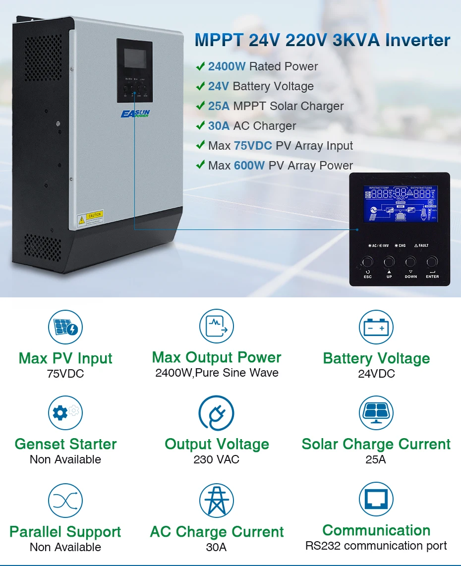 Источник питания Easun 3KVA солнечный инвертор 2400W 24V 220V Гибридный Инвертор Чистая синусоида Встроенный MPPT Солнечный контроллер зарядное устройство