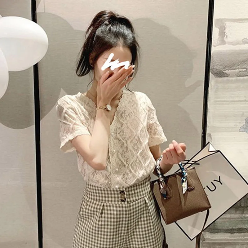 2019 Summer Women Lace Blouse Shirt Korean Spring Fashion Casual Short Sleeve Solid Beige Tops Female |