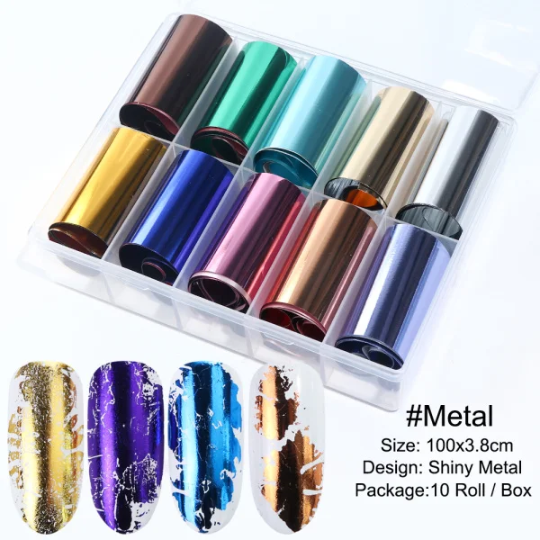 Metal 10 рулонов/набор 3,5*100 см звездное небо наклейки на ногти из фольги голографический Маникюр Клей передачи советы красота наклейка с цветком для ногтей LA1027 - Цвет: Metal