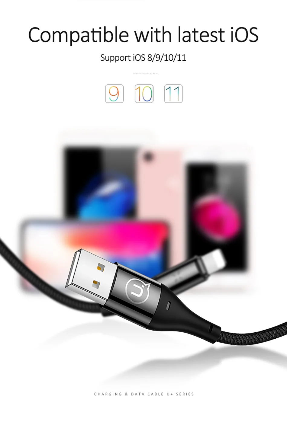 Мобильный телефон USB кабель для iPhone 6 6S кабель, USAMS 2A кабель для быстрой зарядки светодиодный светильник кабель синхронизации данных для iPhone X 8 7 6 5 5S SE 5c