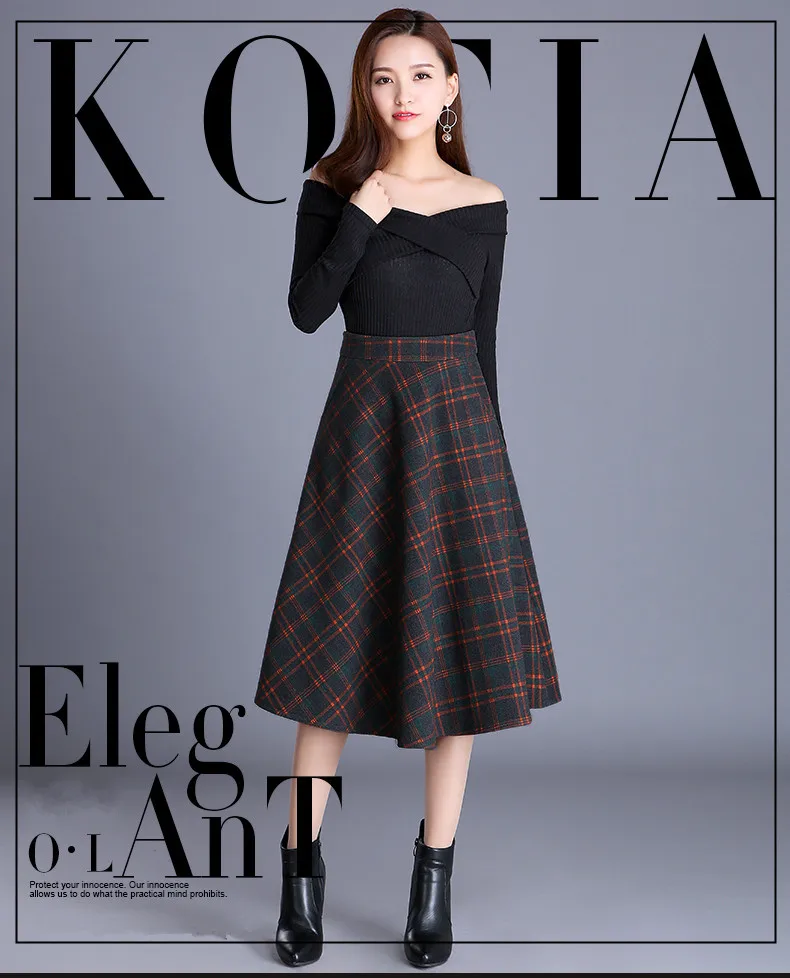 S-4XL New Women's Wool Blends Skirts Winter Autumn Fashion Elegant Printed Plaid Thicken Slim Medium Length Skirt Female