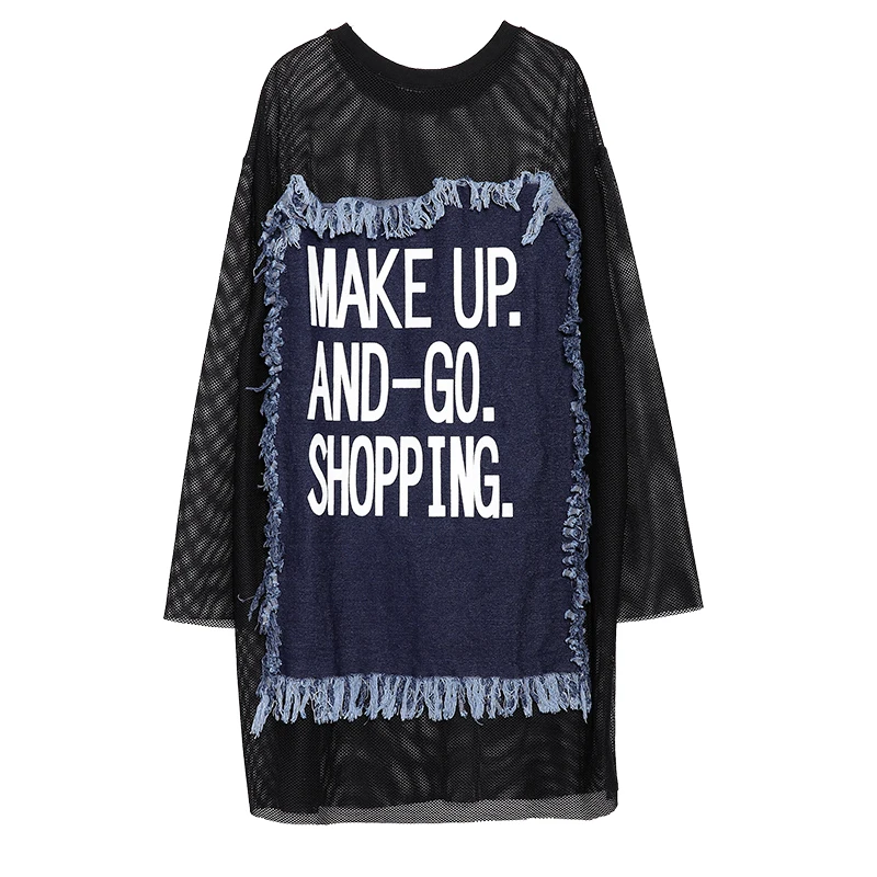 VGH 2018 New Summer Female T shirts For Women Top Long Sleeve Black Back Denim Split Joint Tassels Big Size shirt Fashion Tide | Женская