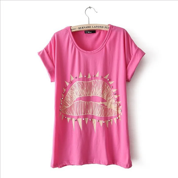 fashion women girl summer T-shirt cotta with sexy lip picture and rivet shirt free shipping | Женская одежда
