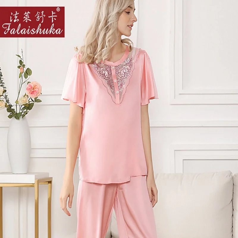 Pijamas Women Silk Sexy Sleepwear Pajama Set Pink Lace Silk Stain Night Suit Summer Pajamas Nightwear Sleepwear set Pyjama Femme