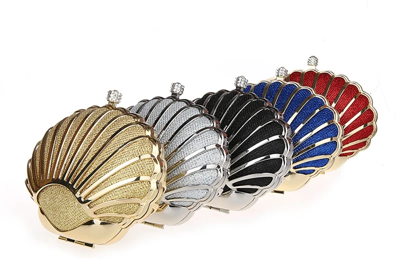 

Famous Designer Handbag Wedding Party Gold Chain Small Evening Bag Shell Shaped Day Clutches Purse ladies Mini Hard Alloy Wallet